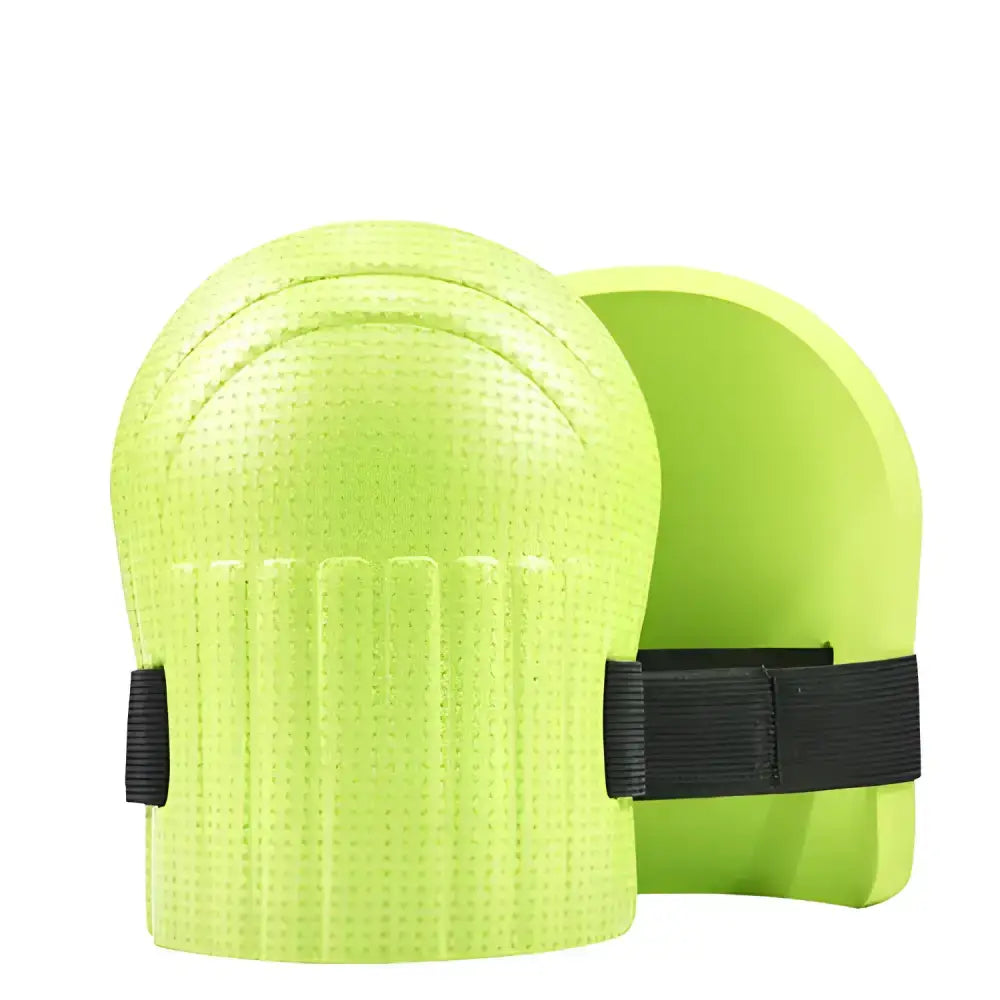 Yellow knee protection pads with black straps for tile mud workers