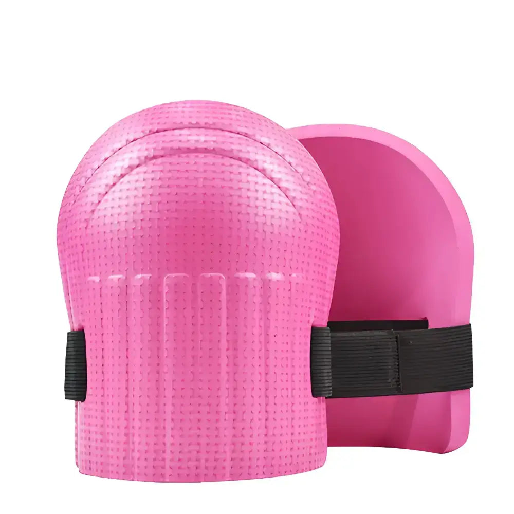 Pink knee protection pads with black straps for tile mud workers and their comfort