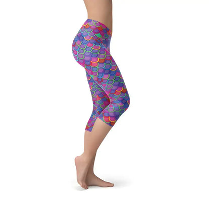 Cute Pink Mermaid Capri Leggings with colorful purple pink mermaid scale design