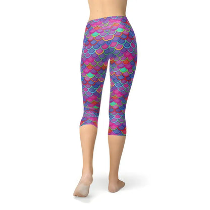 Colorful Pink Mermaid Capri Leggings with vibrant purple and pink mermaid scale design