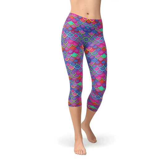 Colorful Pink Mermaid Capri Leggings showcasing vibrant purple pink mermaid scales