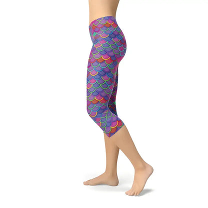 Cute Pink Mermaid Capri Leggings with a vibrant purple pink mermaid scale pattern