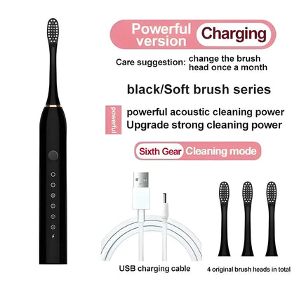 Black electric ultrasonic toothbrush with charging cable and extra brush heads