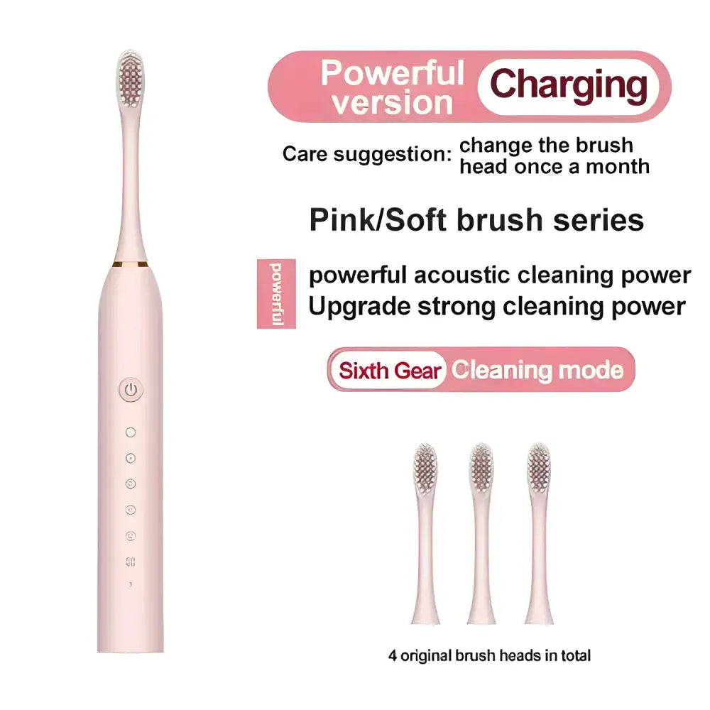 Pink Ultrasonic Toothbrush Six Speed with brush heads for a sparkling clean smile