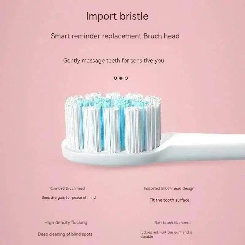 Electric toothbrush head with blue and white bristles for the Pink Ultrasonic Toothbrush Six Speed