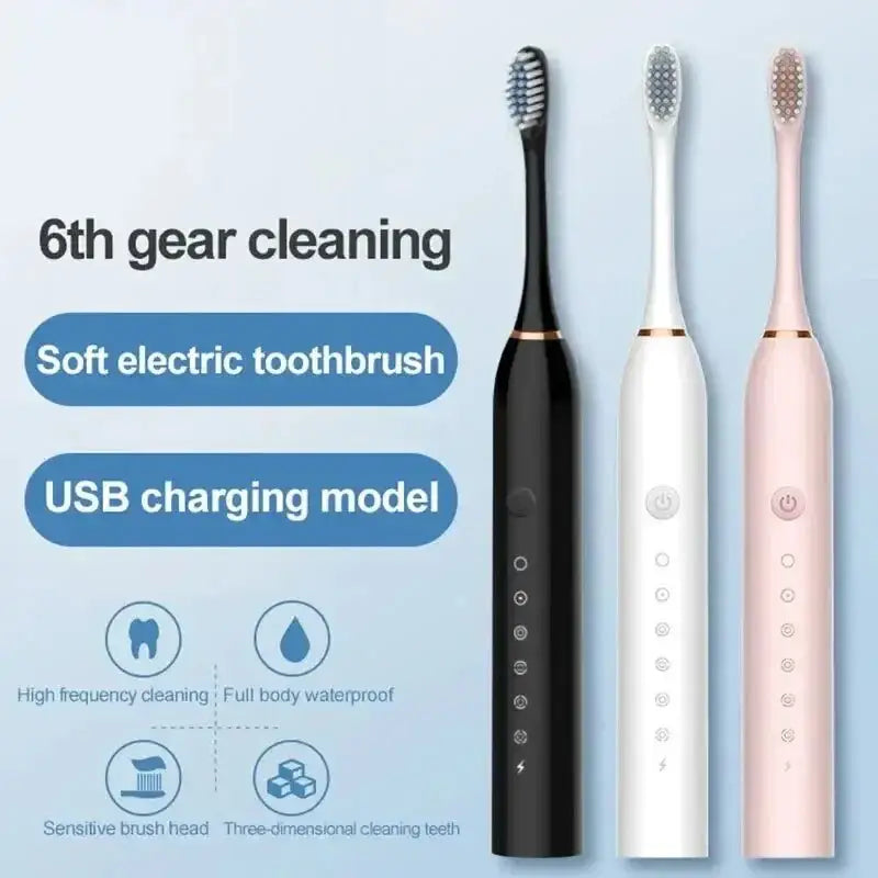 Electric Ultrasonic Toothbrush in black, white, and pink for six speed cleaning