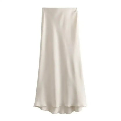 Cream-colored satin midi skirt perfect for pairing with tea green or deep purple tops