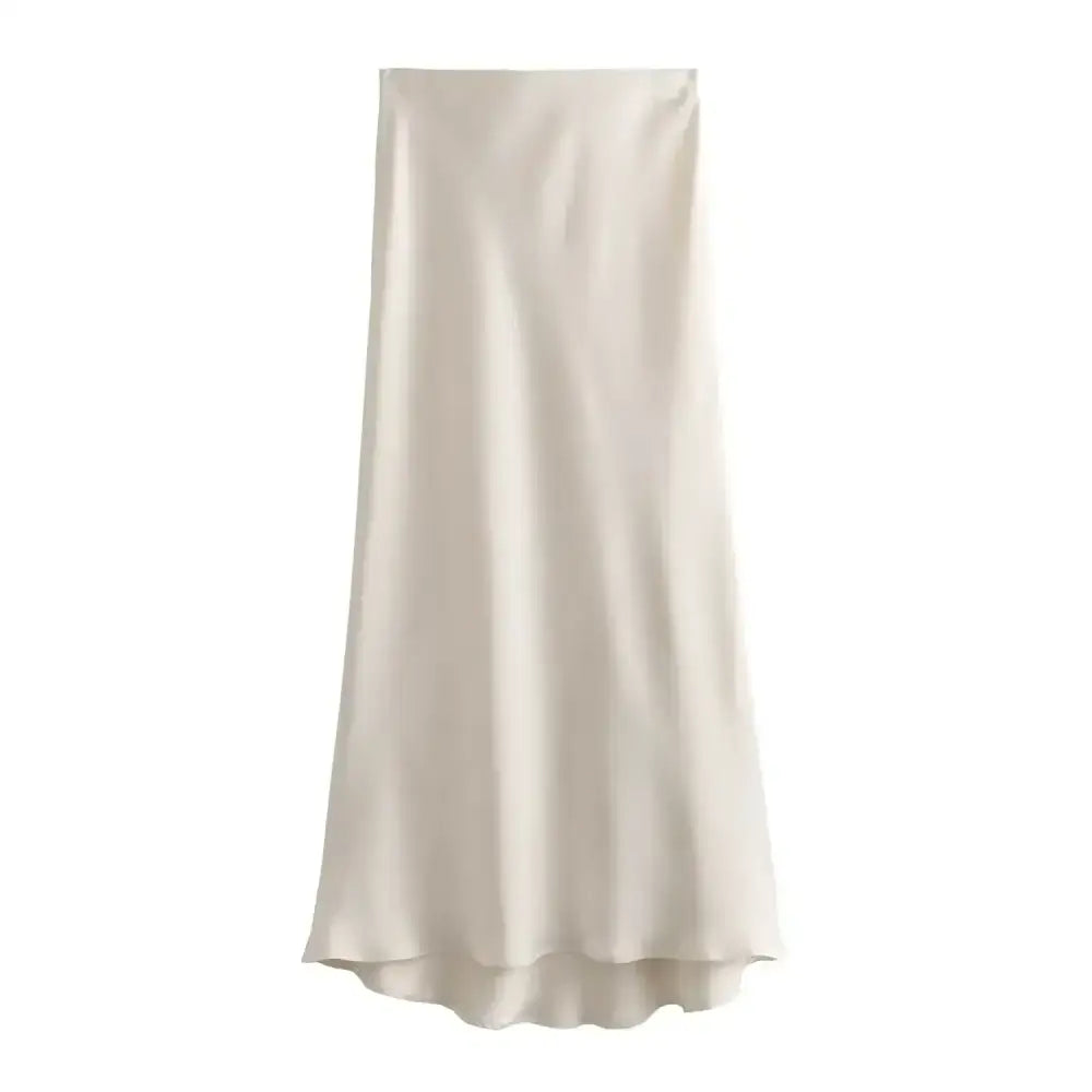 Cream-colored satin midi skirt perfect for pairing with navy blue and deep purple styles