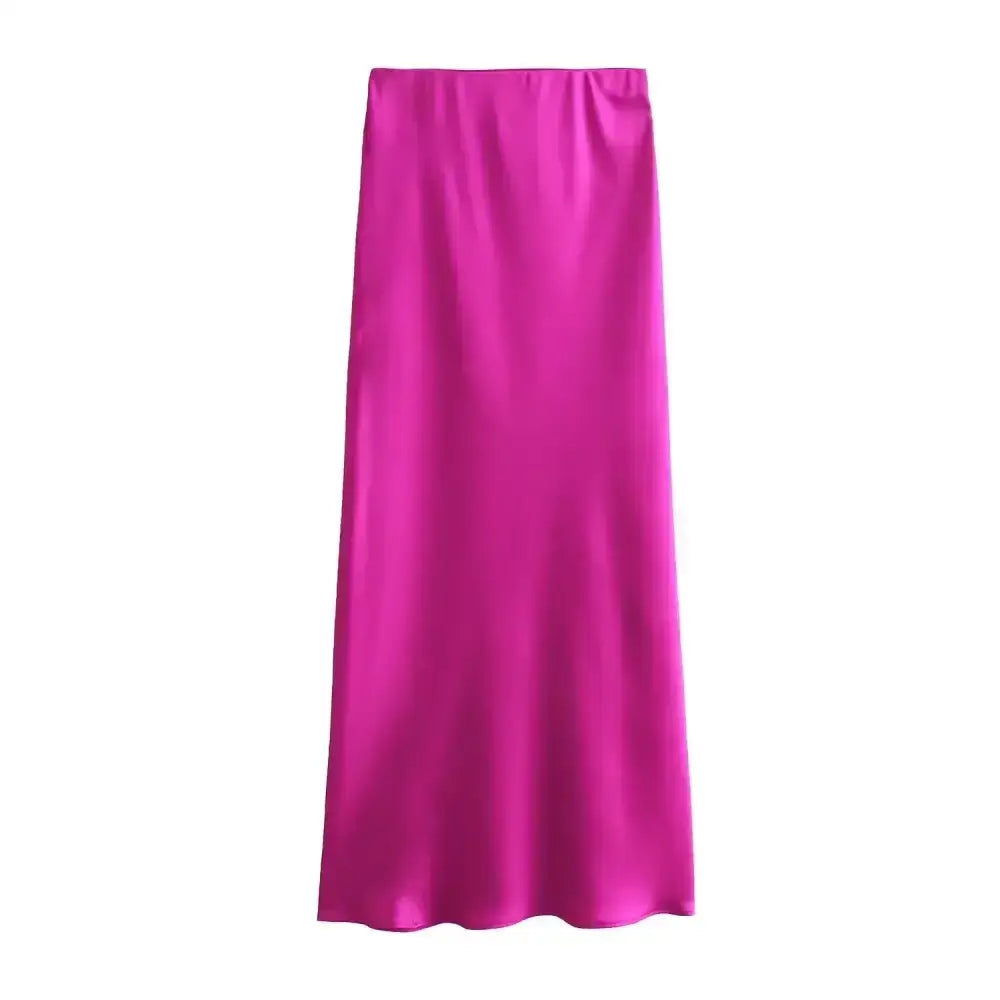 Fuchsia satin midi skirt perfect for pairing with a Navy Blue top or accessories