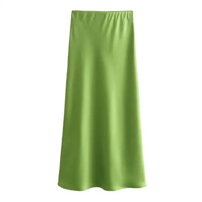 Stylish Green Satin Midi Skirt perfect for pairing with Navy Blue outfits