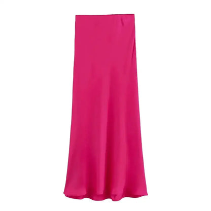 Hot pink satin skirt from the Pink & White Mesh Navy Blue Midi Skirt collection