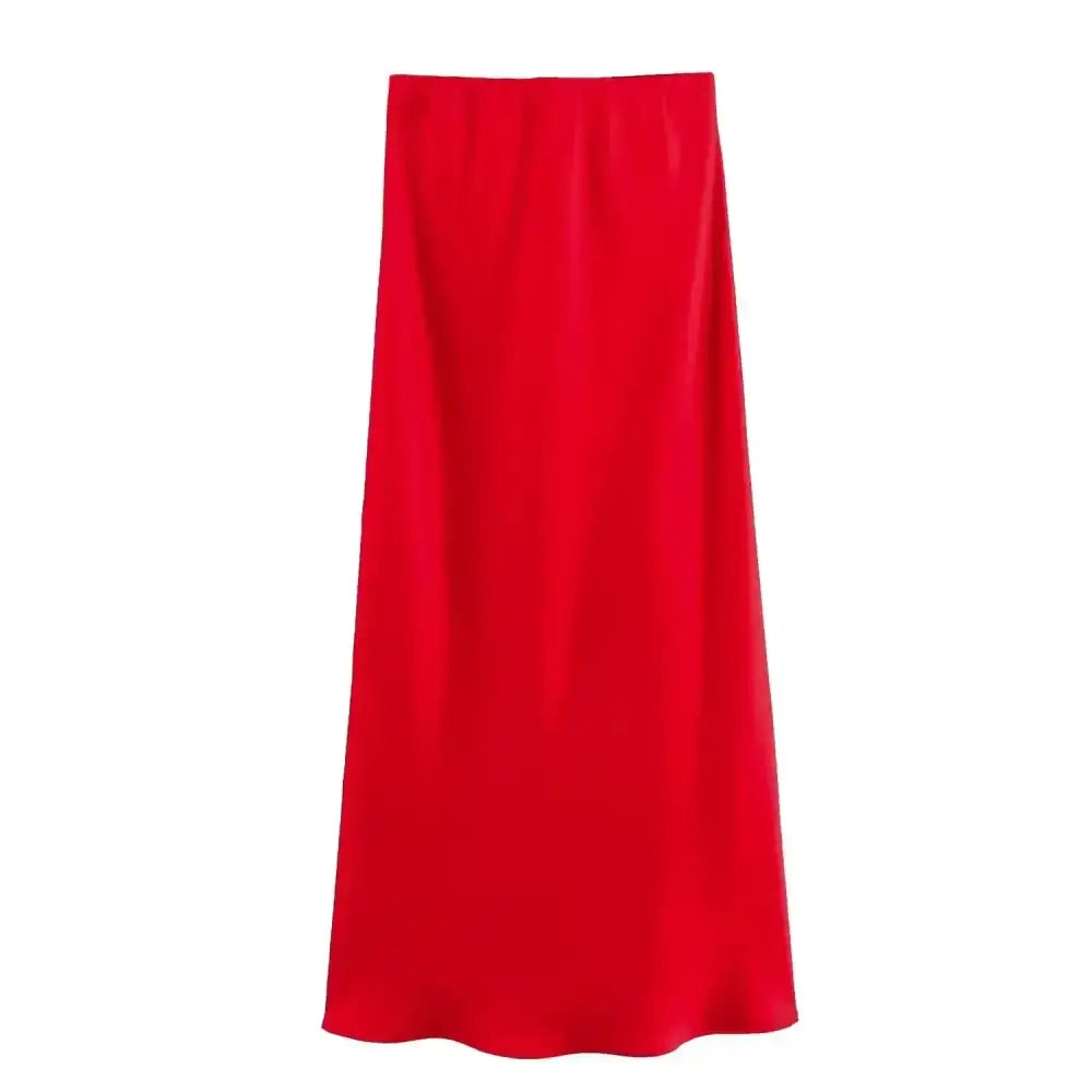 Chic red midi skirt perfect for styling with a Navy Blue top or deep purple accessories