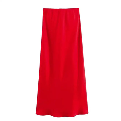 Chic red midi skirt perfect for styling with a Navy Blue top or deep purple accessories