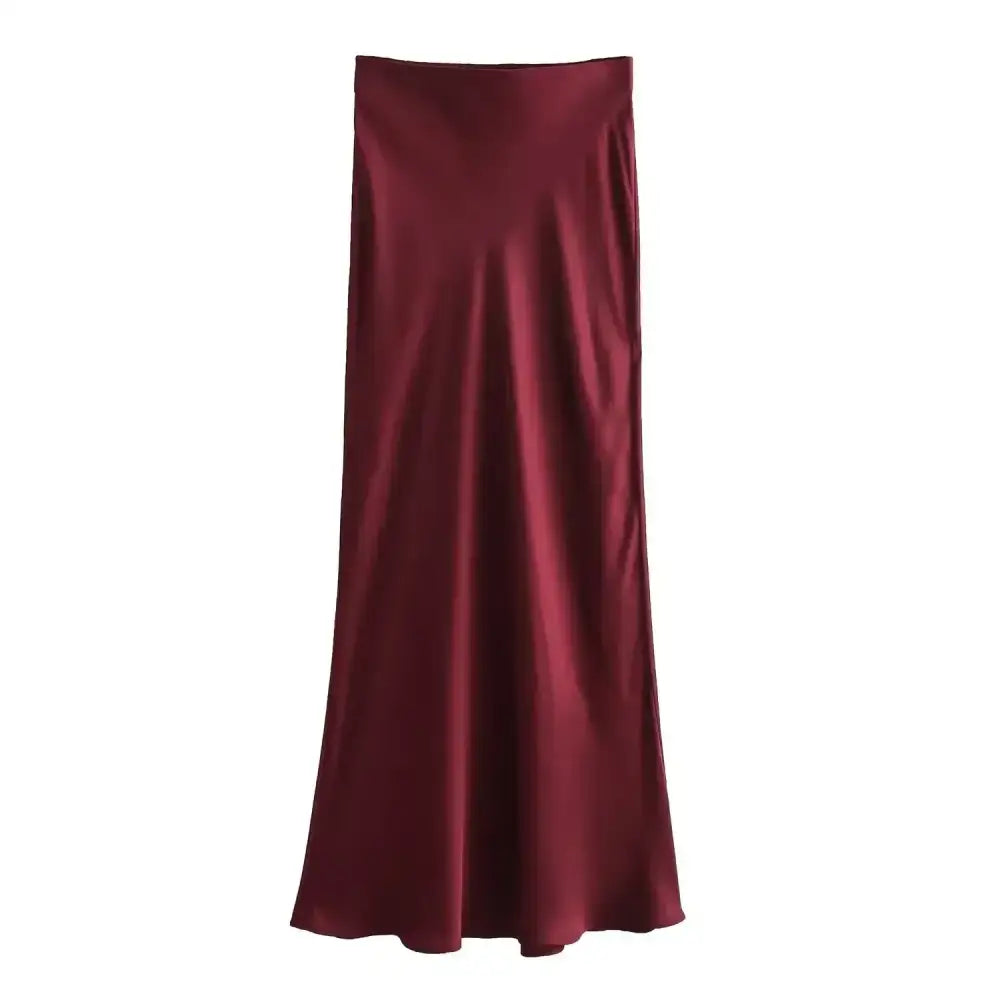 Maroon satin midi skirt styled with a Pink & White Mesh Navy Blue Midi Skirt vibe