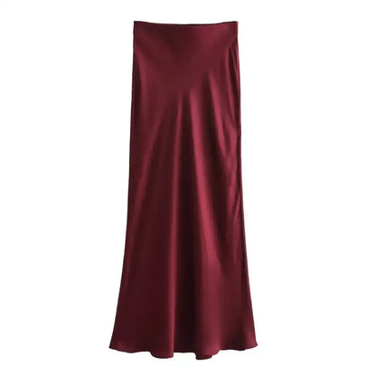 Maroon satin midi skirt perfect for styling with navy blue or deep purple tops