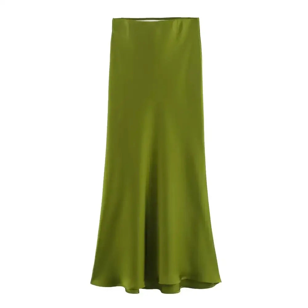 Olive green satin midi skirt perfect for pairing with navy blue or deep purple outfits