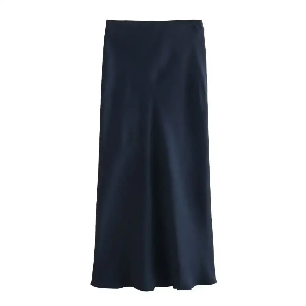 Navy blue satin midi skirt perfect for pairing with tea green or deep purple tops