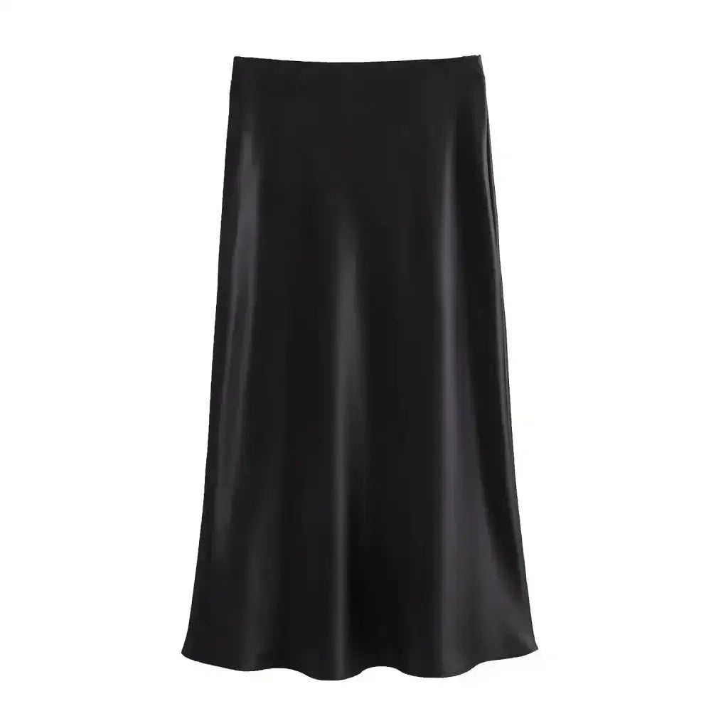 Chic Black Satin Midi Skirt perfect for styling with Navy Blue or Deep Purple outfits