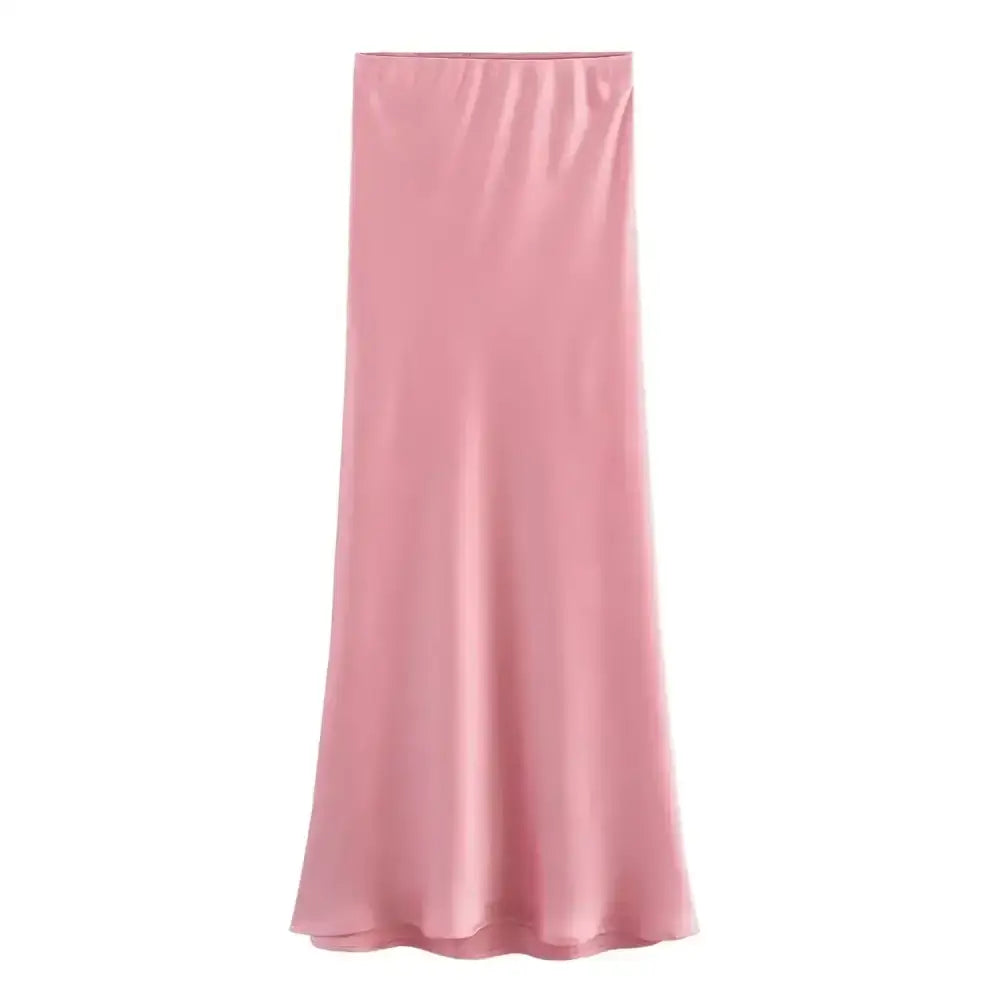 Stylish Pink Satin Midi Skirt perfect for pairing with Navy Blue tops and accessories