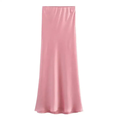 Stylish Pink Satin Midi Skirt perfect for pairing with Navy Blue tops and accessories