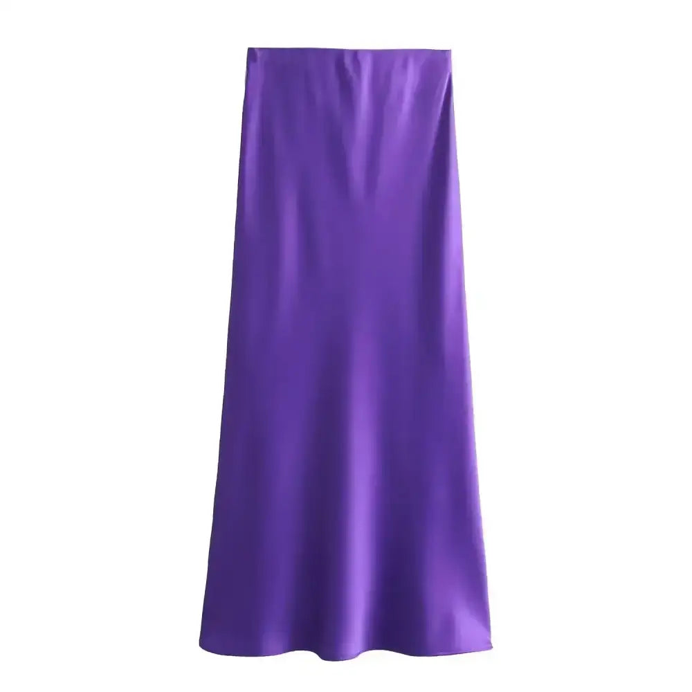 Elegant Purple Satin Midi Skirt perfect for pairing with Navy Blue and Tea Green tops