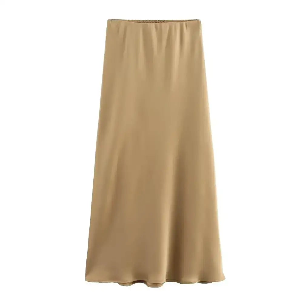 Tan satin midi skirt perfect for pairing with a Navy Blue top or accessories