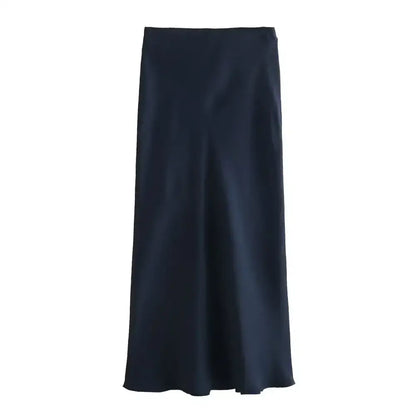 Navy blue satin midi skirt from the Pink & White Mesh collection, perfect for any occasion