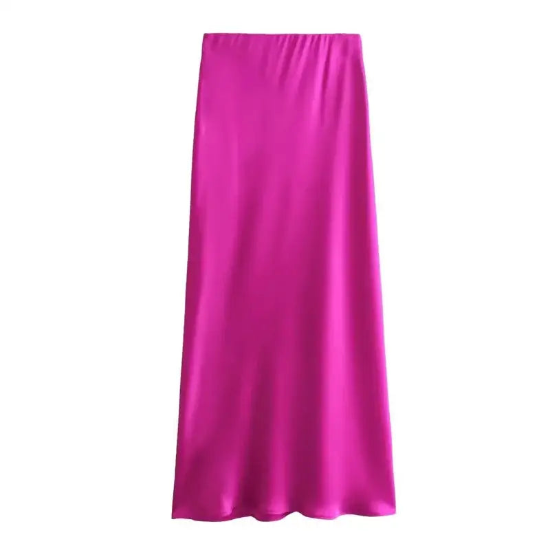 Stylish magenta satin midi skirt perfect for pairing with navy blue or deep purple tops