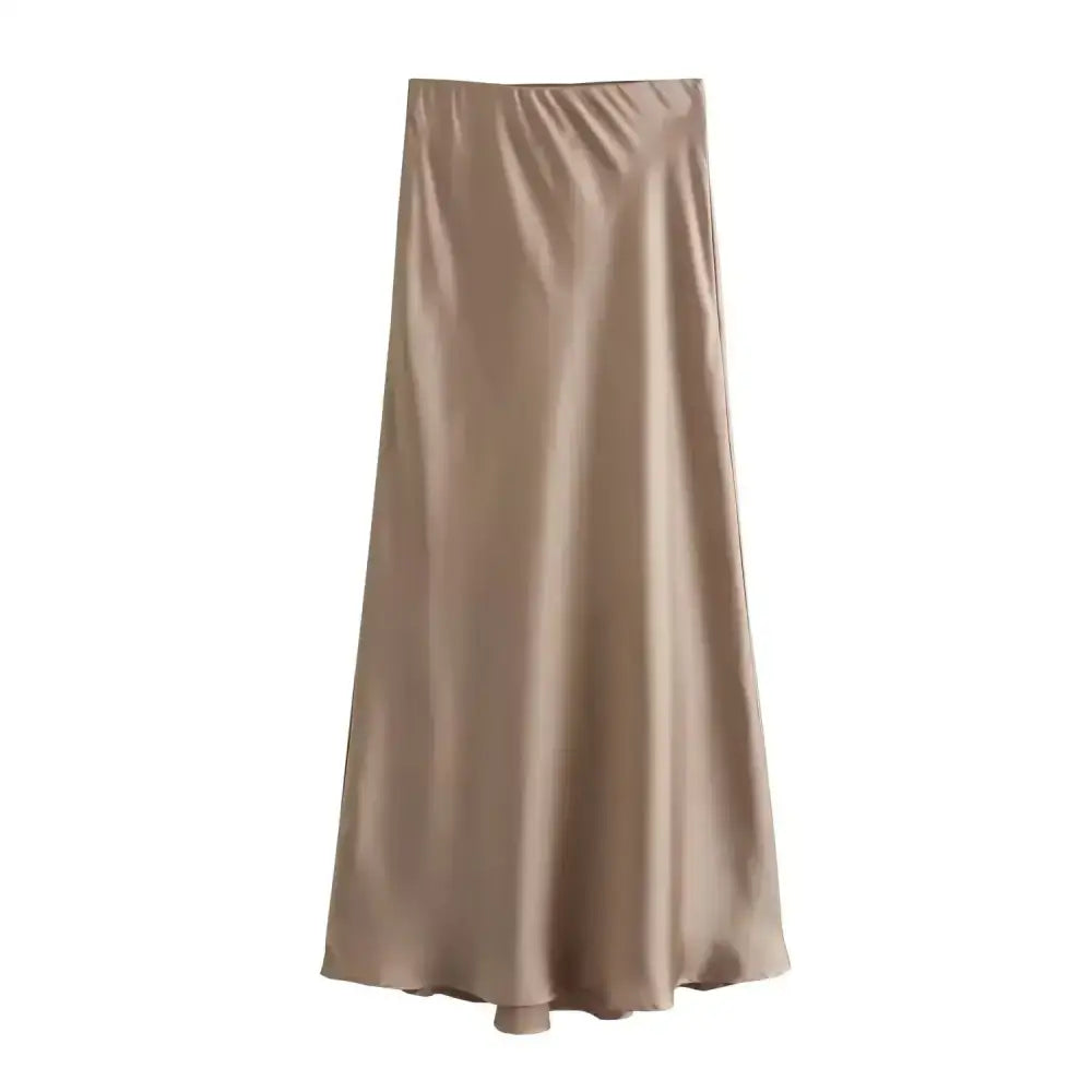 Satin beige midi skirt perfect for pairing with navy blue or deep purple tops