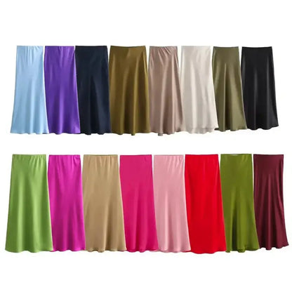 Assorted satin midi skirts, featuring a trendy Navy Blue design for stylish outfits