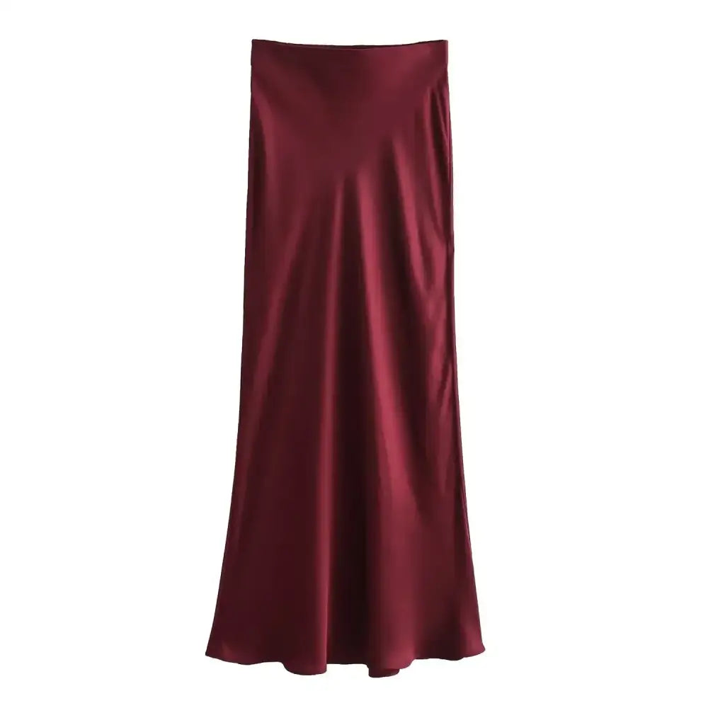 Maroon satin midi skirt styled with Navy Blue and perfect for a chic look