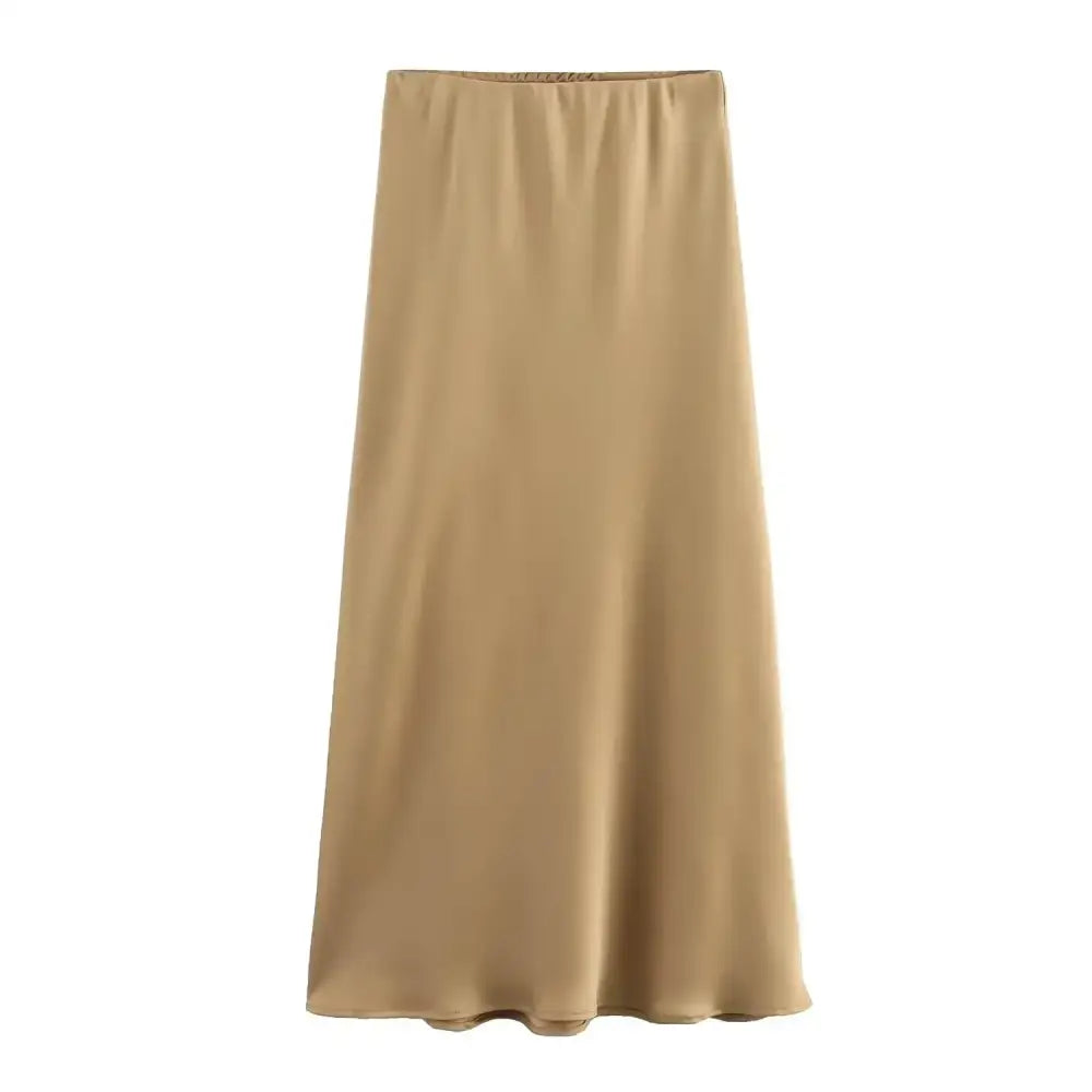 Tan satin midi skirt styled with a Pink & White Mesh in chic Navy Blue