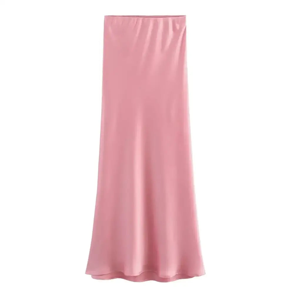 Lightweight pink satin midi skirt perfect for pairing with navy blue or deep purple tops