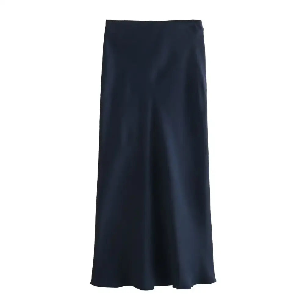 Navy blue satin midi skirt from Pink & White Mesh, perfect with tea green or deep purple tops