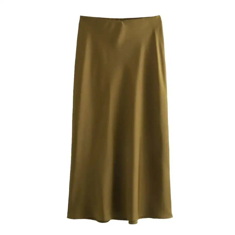 Olive green satin midi skirt paired with Navy Blue Mesh for a stylish look