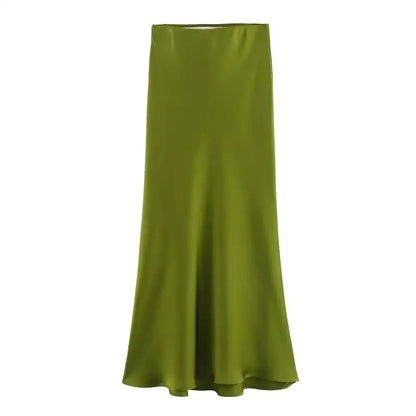 Olive green satin midi skirt perfect for pairing with a Navy Blue top for a chic look