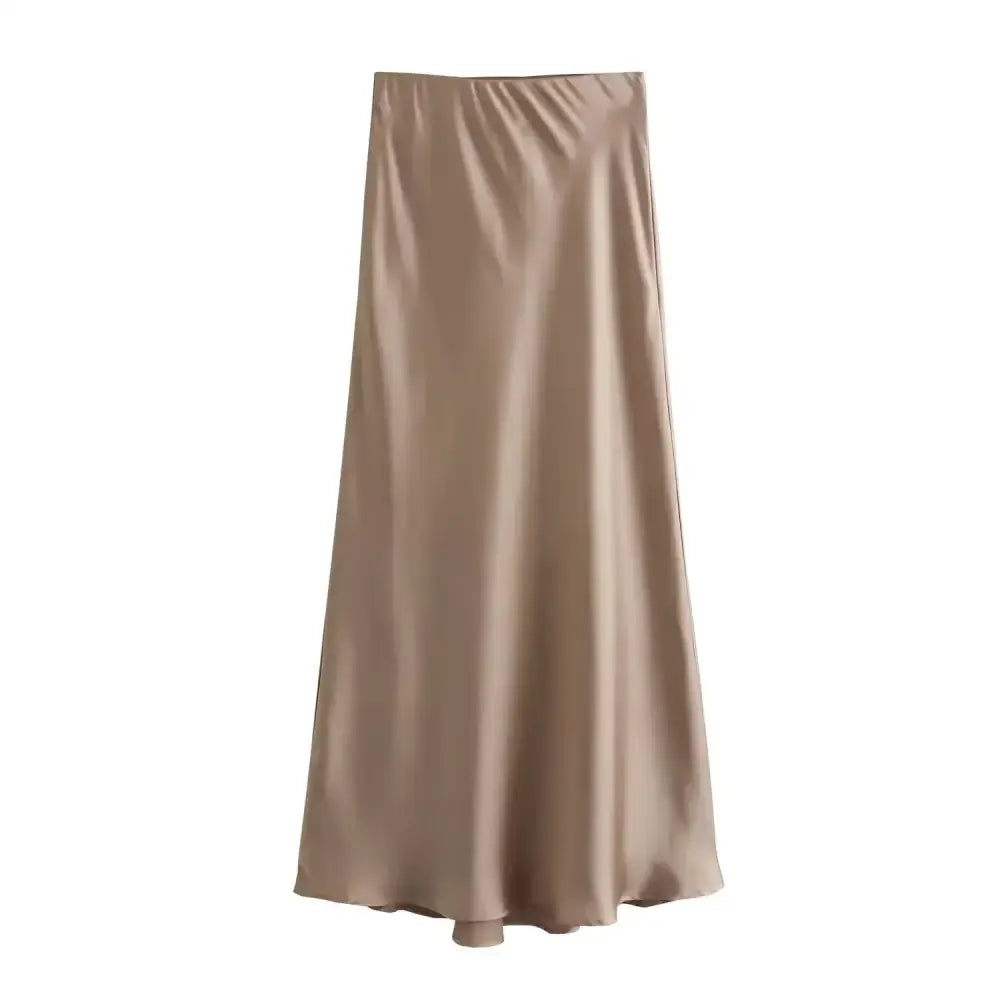 Beige satin midi skirt styled with Pink & White Mesh Navy Blue for a chic look