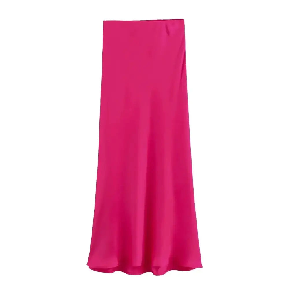 Bright pink satin midi skirt perfect for pairing with navy blue or deep purple tops