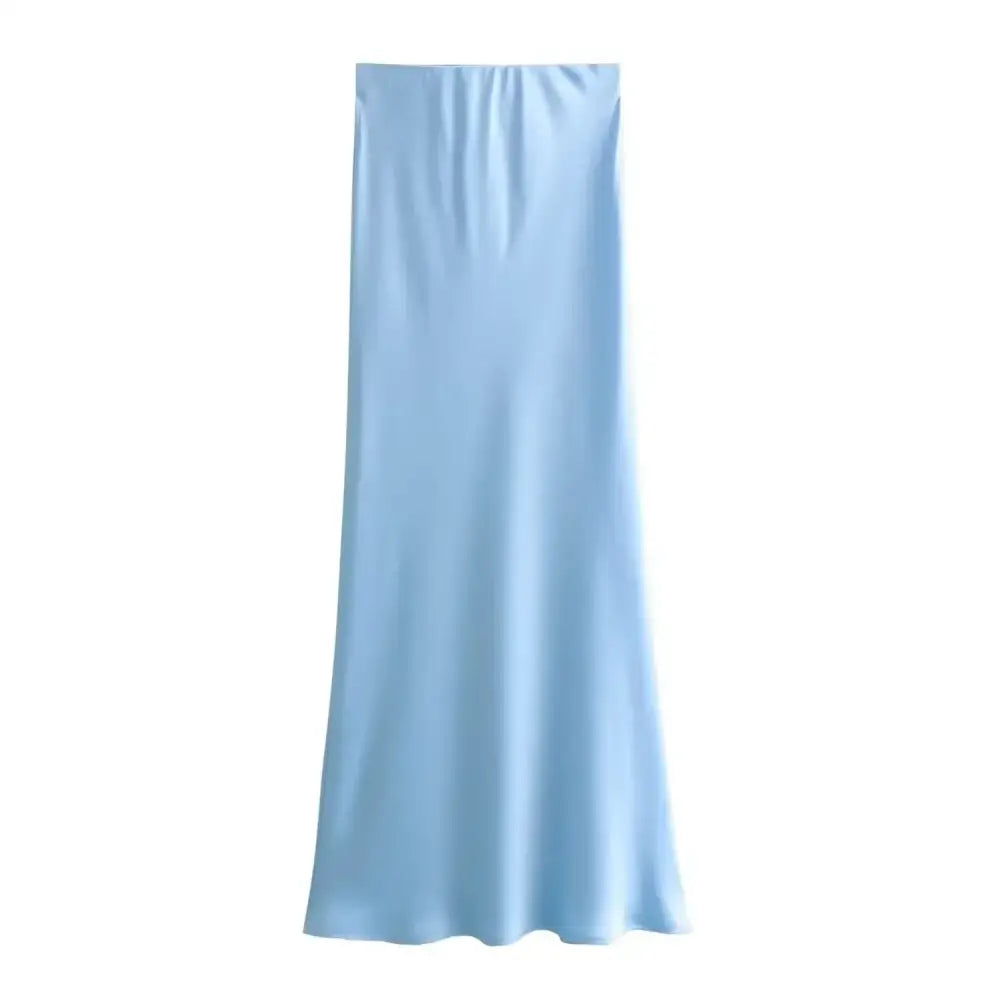 Light blue satin skirt paired with Pink & White Mesh Navy Blue Midi Skirt style