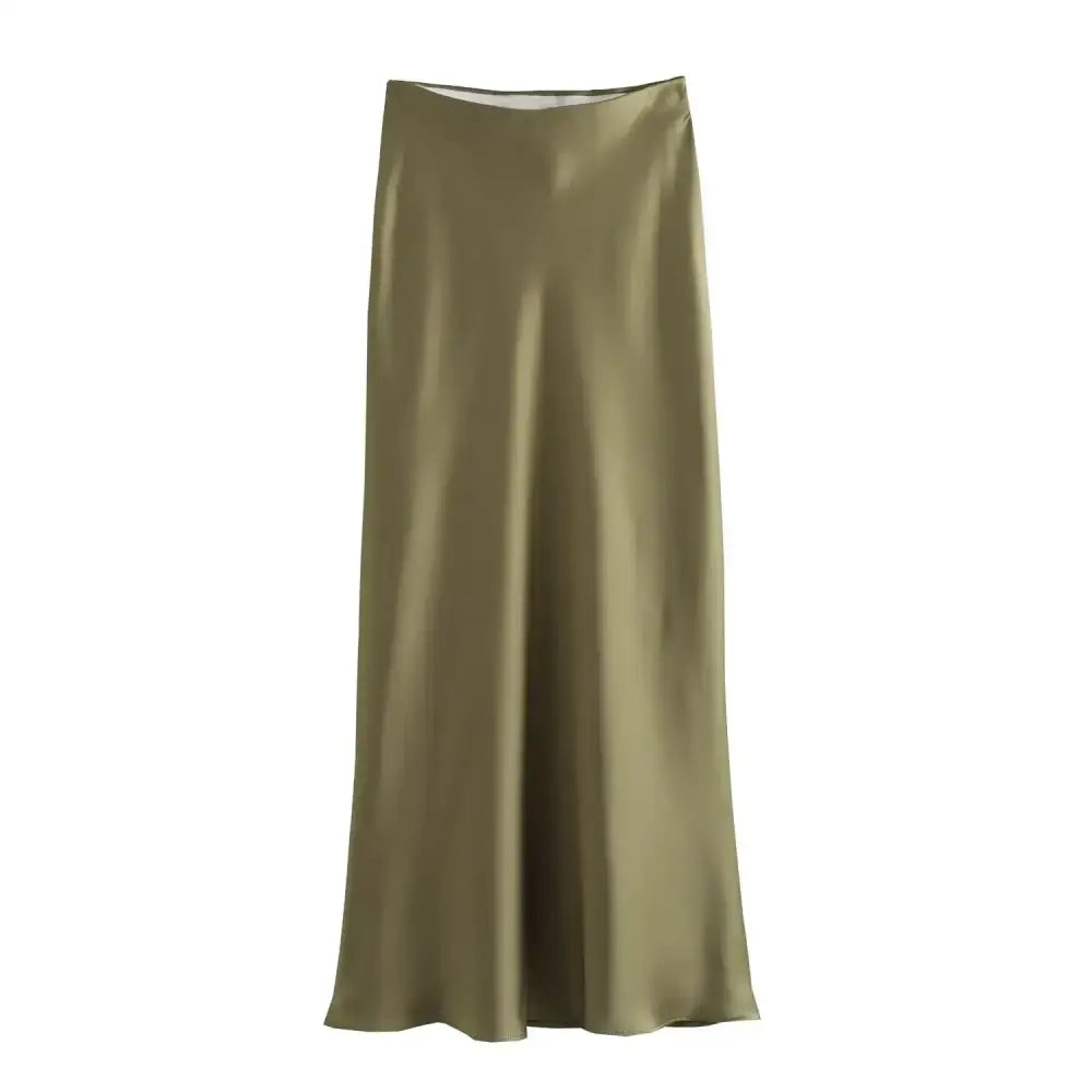 Olive green satin midi skirt styled with a Pink & White Mesh Navy Blue Midi Skirt