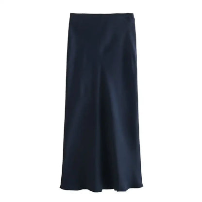 Navy blue satin midi skirt from Pink & White perfect for chic looks with deep purple accents