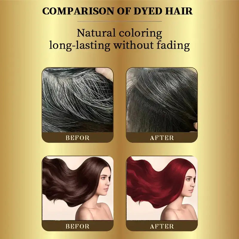 Hair dye comparison showcasing Plant Extract Hair Dye Black Shampoo for vibrant color