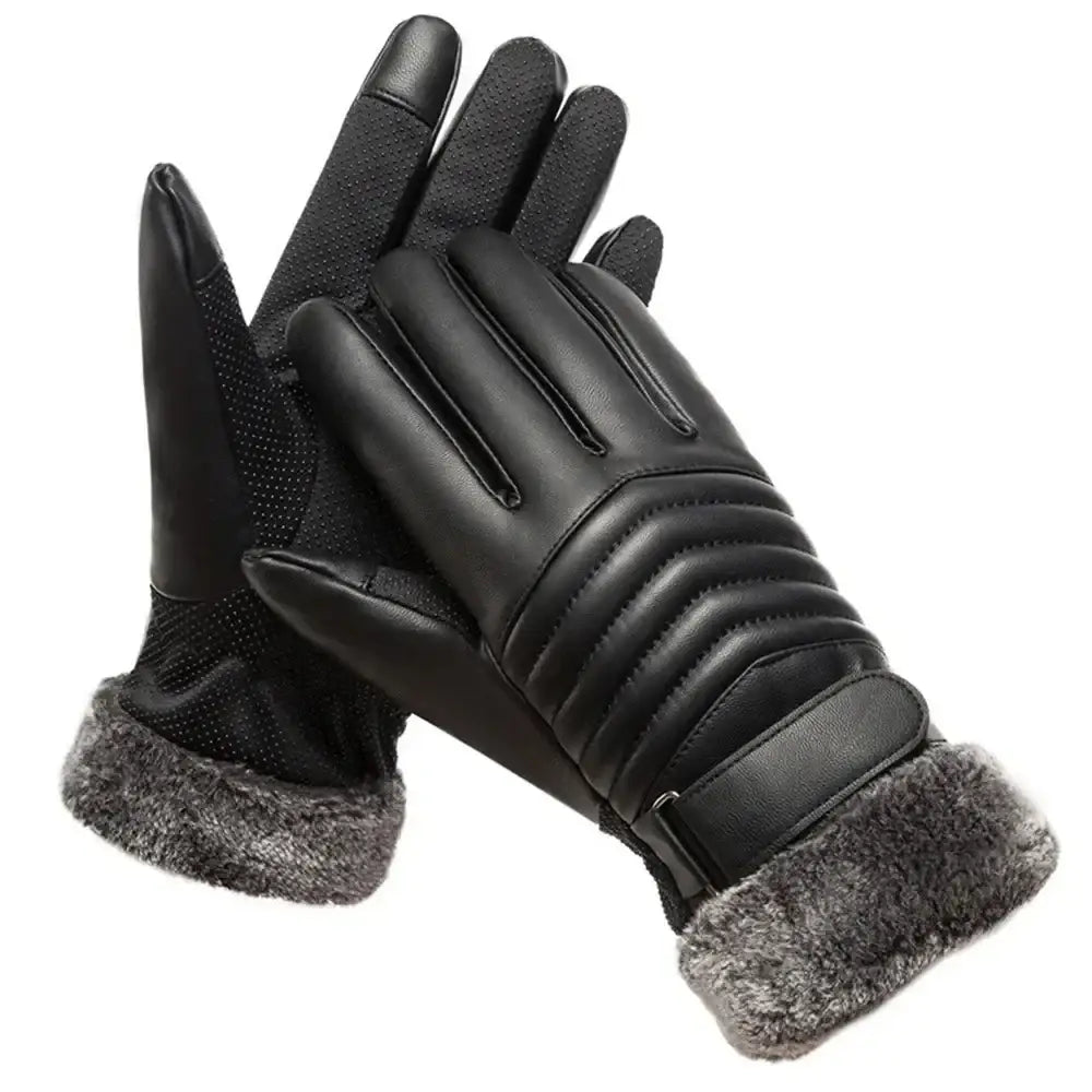 Black leather winter gloves featuring plush insulation, perfect for outdoor activities