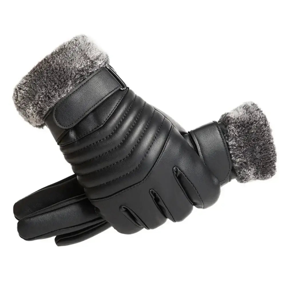 Black leather gloves with fur trim, perfect plush insulation gloves for winter fun