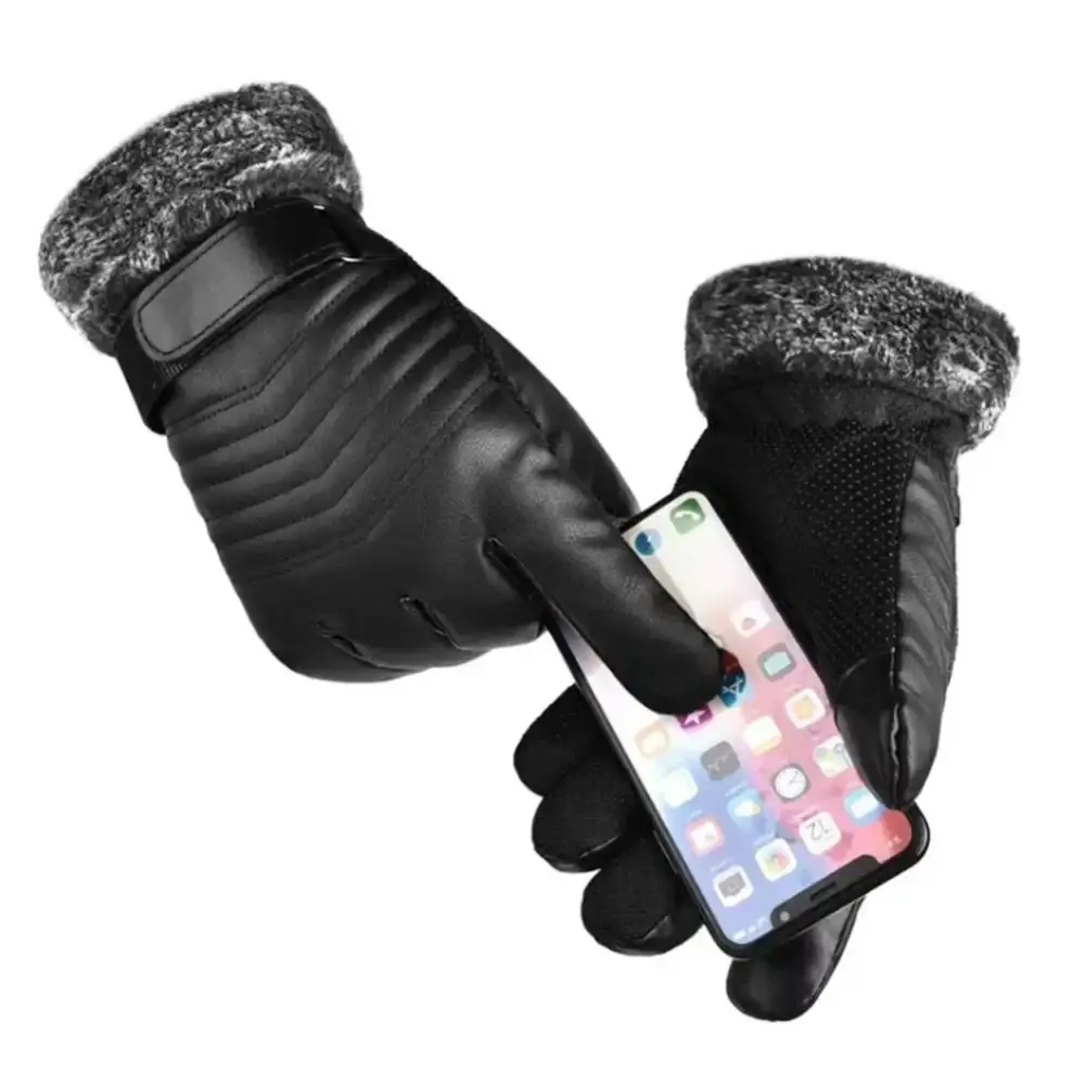 Stylish Black Leather Gloves with Fur Trim, perfect plush insulation gloves for winter