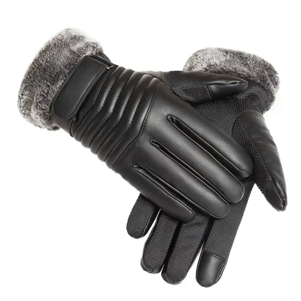 Black leather gloves with fur trim, perfect plush insulation gloves for winter outings