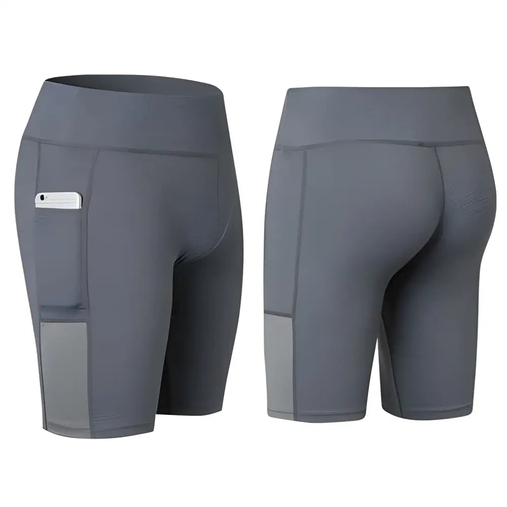 Gray athletic Pocket Power Yoga Shorts with pockets perfect for all seasons and a phone pocket