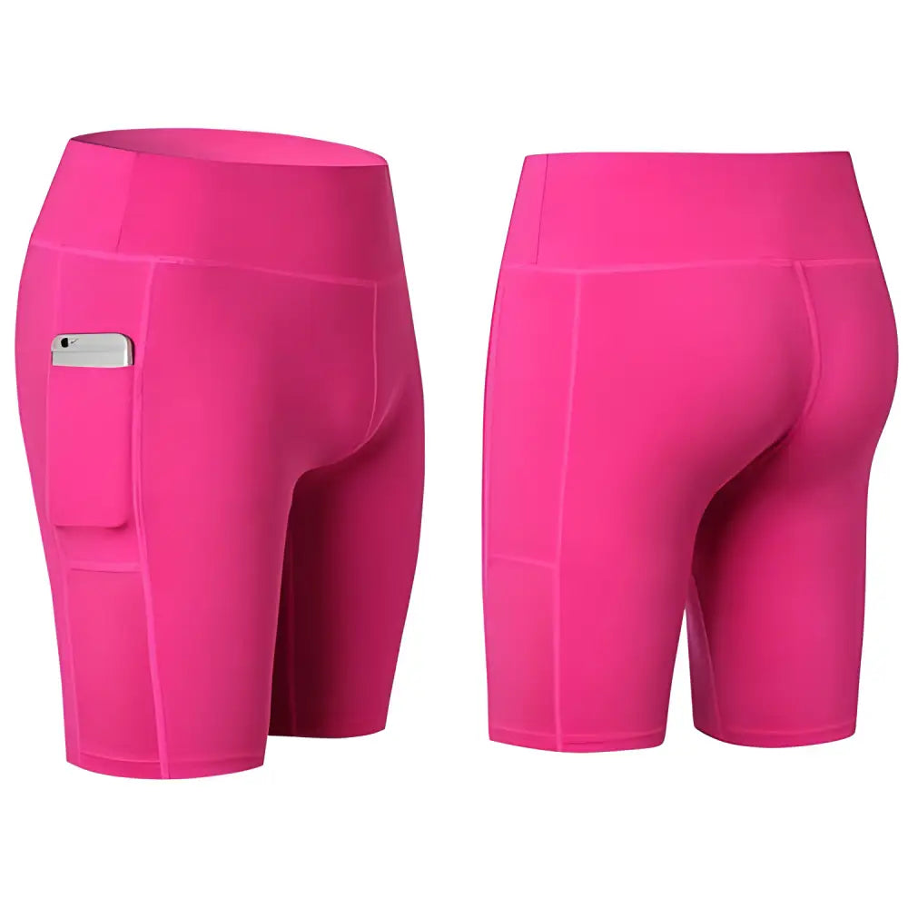 Two pairs of pink Pocket Power Yoga Shorts with phone pockets for all seasons