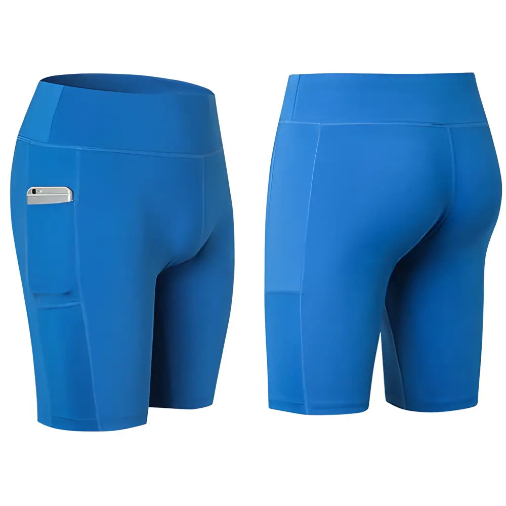 Blue athletic shorts with pockets perfect for all seasons yoga shorts and phone pocket