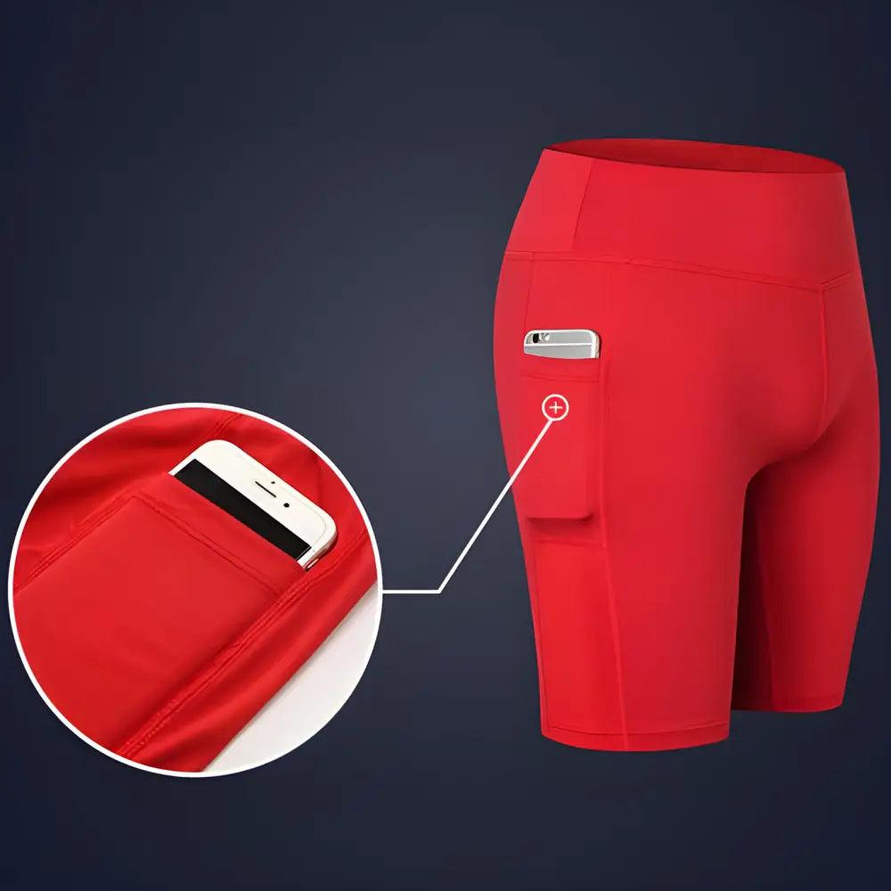 Red Pocket Power Yoga Shorts with phone pockets for all seasons workouts